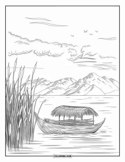 Coloriage du Pérou pour adultes : Un bateau au toit de chaume flotte paisiblement près de sommets lointains et d'oiseaux dans le ciel