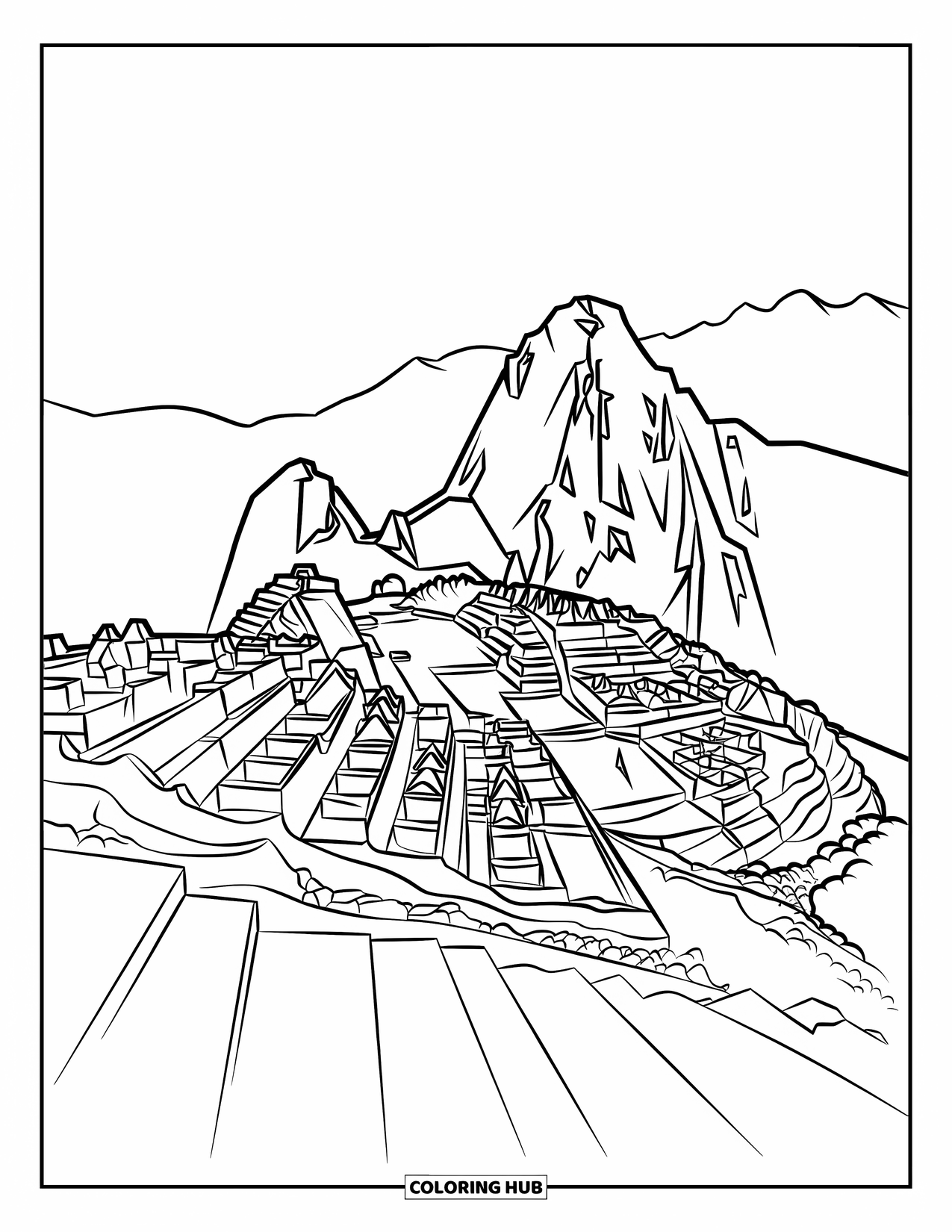 Peru Coloring Page for Adults: A wide view of Machu Picchu shows temples, terraces, and lush slopes