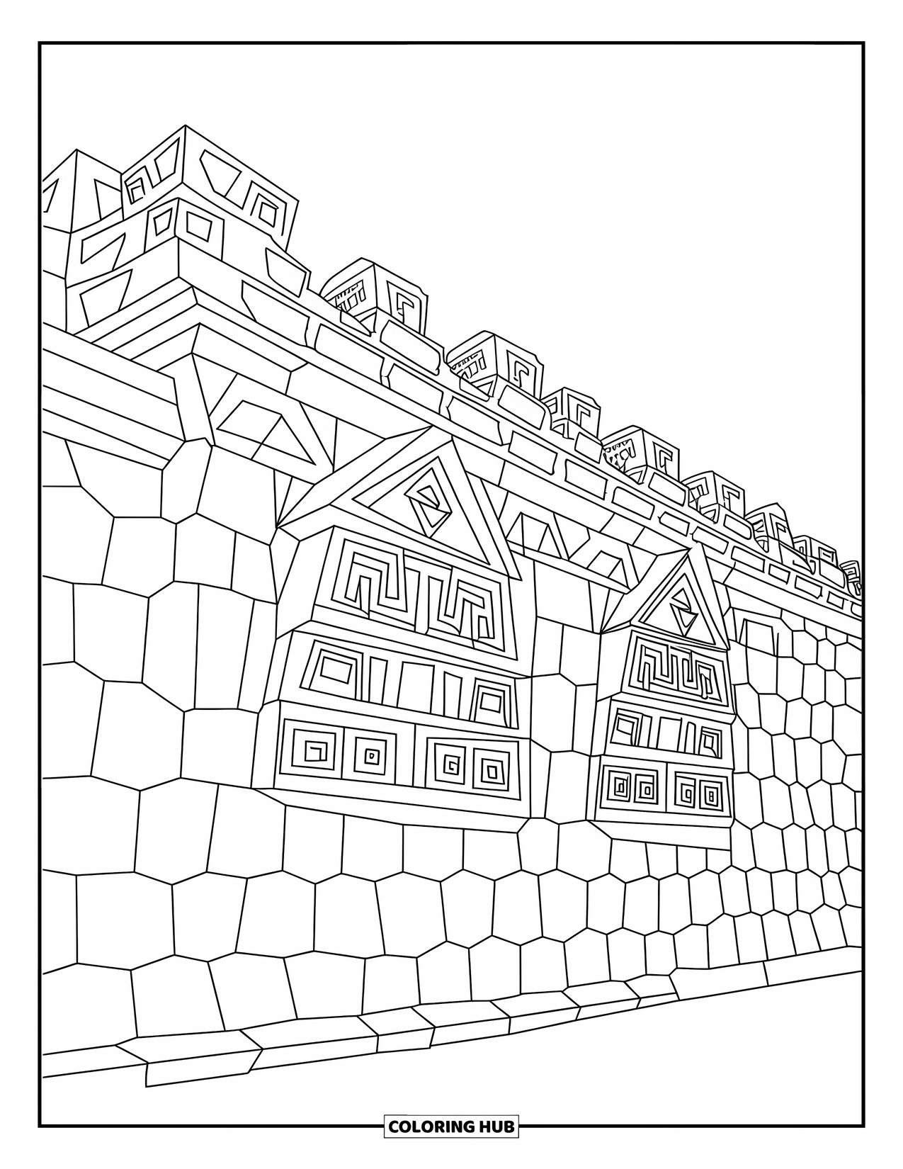 Peru Coloring Page for Adults: An Inca wall with perfect stonework and symbols stands boldly in Cusco