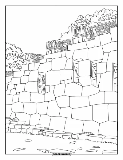 Coloriage du Pérou pour adultes : Des animaux et des formes sont gravés dans un imposant mur inca près d'une végétation verdoyante