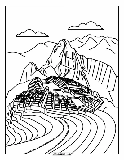Coloriage du Pérou pour adultes : Des terrasses en blocs et un sentier sinueux mènent au sommet du Machu Picchu