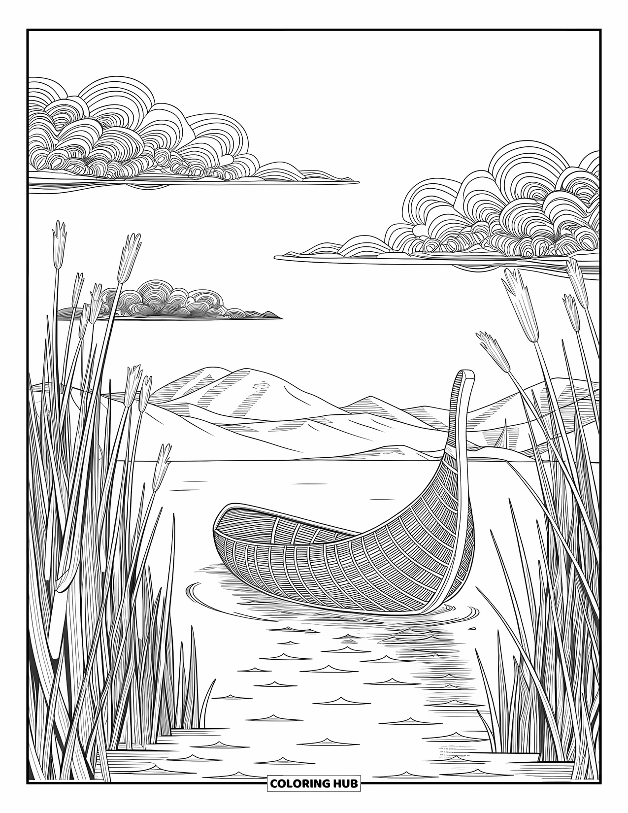 Peru Coloring Page for Adults: Clouds and reeds surround a woven reed boat resting by the lakeshore