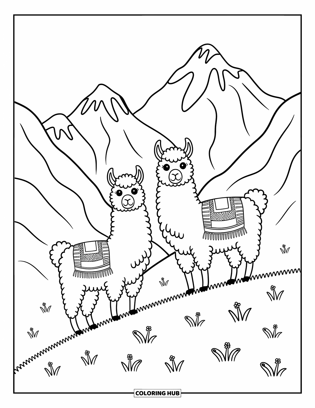 Peru Coloring Page for Adults: Fluffy llamas stand tall with woven blankets and soft hills behind them