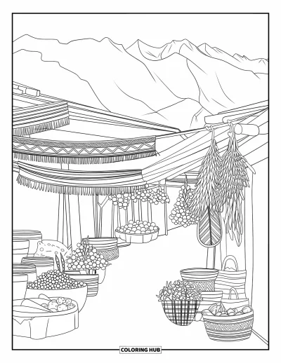 Coloriage du Pérou pour adultes : Des herbes suspendues et des articles tissés égayent un marché animé dans les Andes
