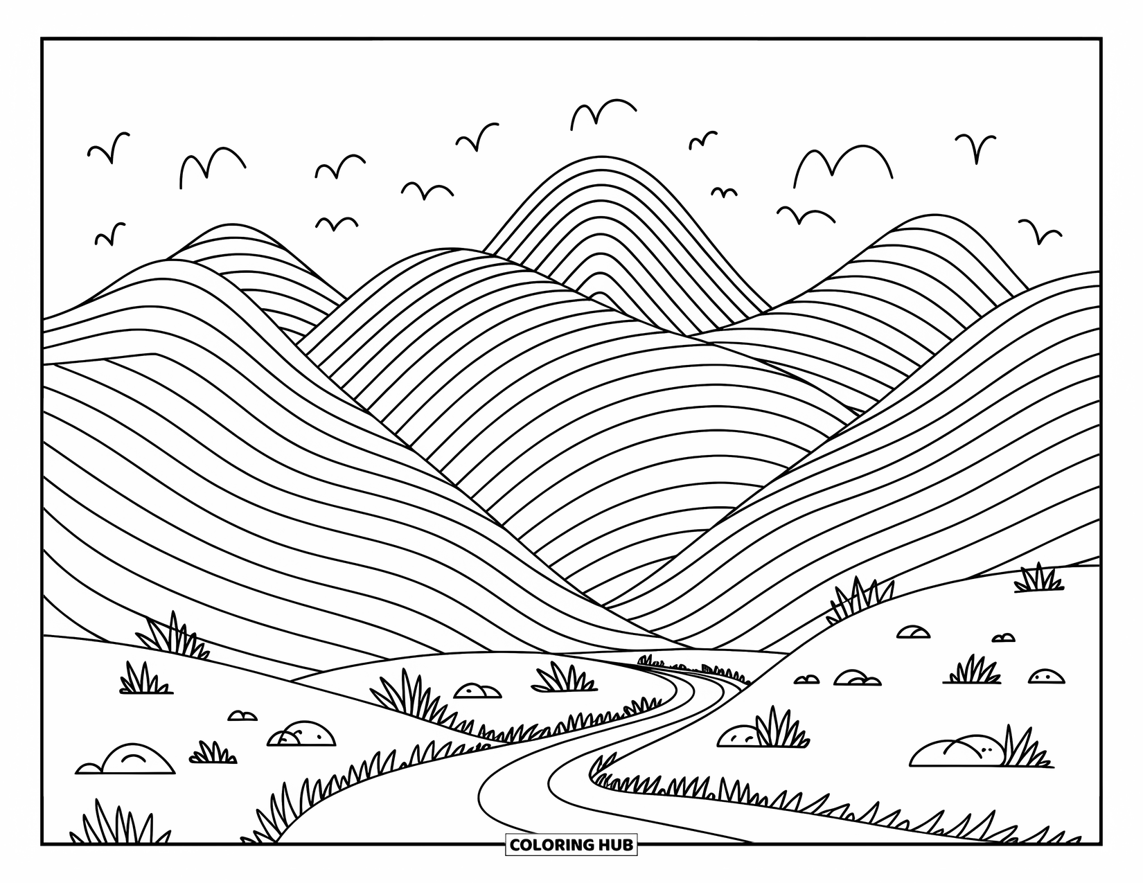 Peru Coloring Page for Adults: Layered peaks and birds highlight a playful trail through Rainbow Mountainís soft curves