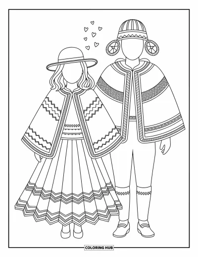 Coloriage du Pérou pour adultes : Des jupes à volants et des ponchos ornent deux personnages dans une tenue andine chaleureuse