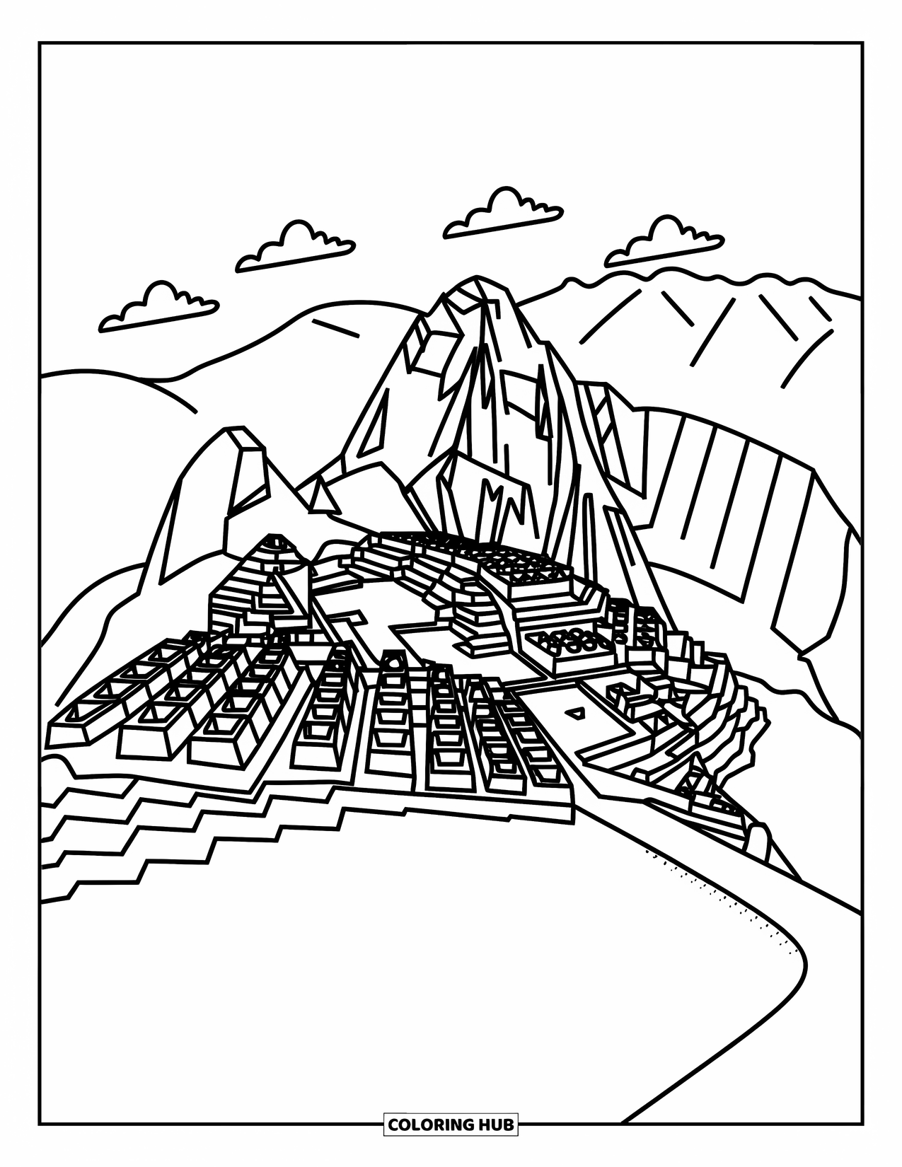 Peru Coloring Page for Adults: Machu Picchuís terraced ruins rise among gentle slopes and fluffy drifting clouds