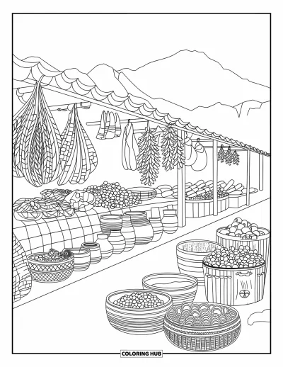 Coloriage du Pérou pour adultes : Des poteries et des produits frais remplissent un marché de montagne avec des textiles tissés au-dessus