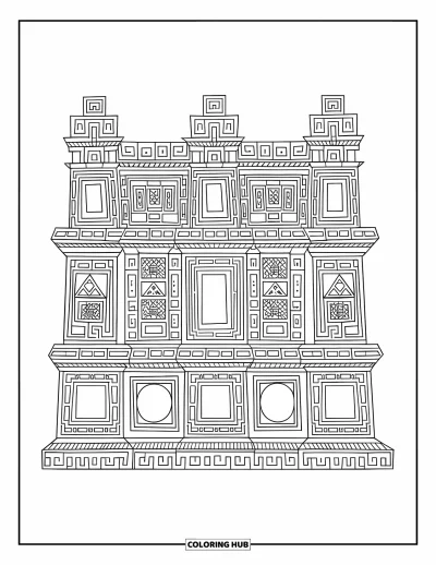 Coloriage du Pérou pour adultes : Des motifs en pierre précis et des sculptures composent une scène de mur inca apaisante
