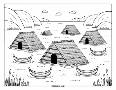 Coloriage du Pérou pour adultes : Des huttes en roseaux flottent paisiblement sur le lac avec des embarcations et des joncs tout autour
