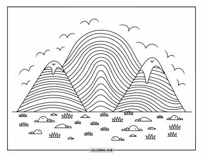 Coloriage du Pérou pour adultes : Des montagnes aux teintes arc-en-ciel s'élèvent avec des oiseaux et de l'herbe le long d'un doux sentier sinueux