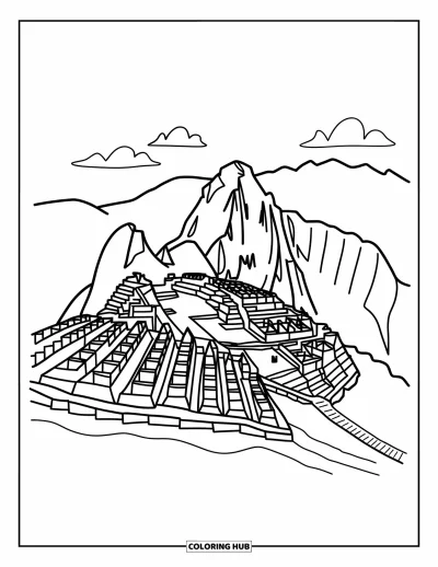 Coloriage du Pérou pour adultes : De douces collines entourent les terrasses du Machu Picchu tandis qu'un chemin sinue vers le sommet