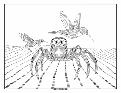 Coloriage du Pérou pour adultes : Une araignée, un singe et un colibri géoglyphes forment une scène ludique inspirée des lignes de Nazca