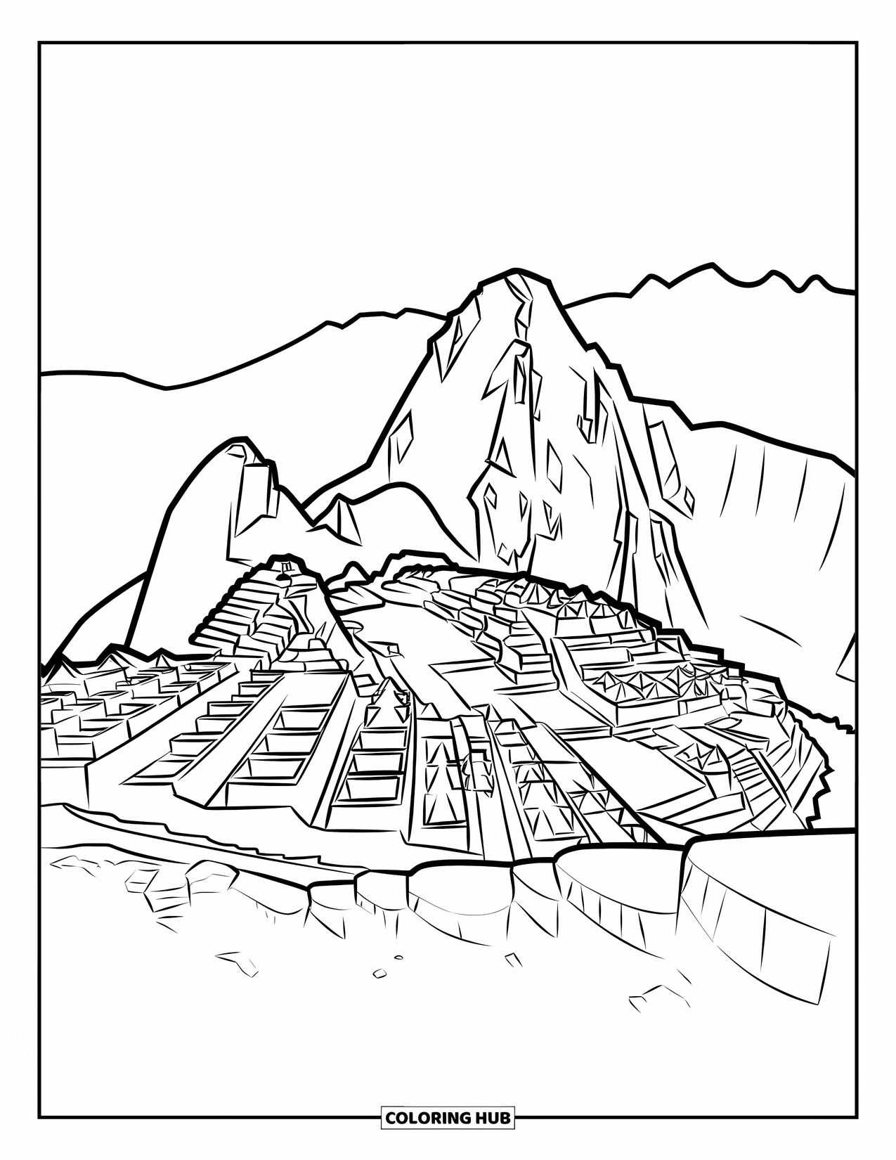 Peru Coloring Page for Adults: Stonework and vegetation surround Machu Picchu's famous mountain setting
