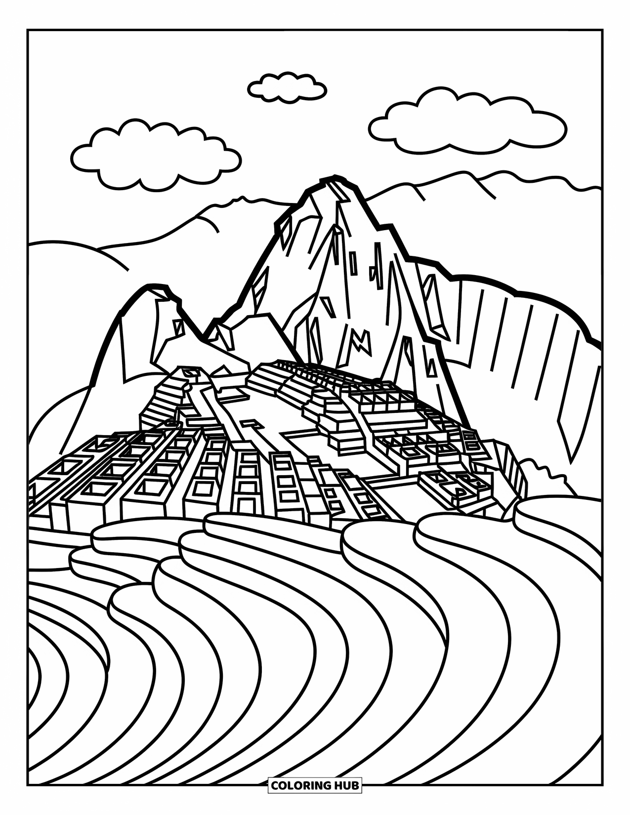 Peru Coloring Page for Adults: Terraces climb toward Machu Picchuís peak with soft clouds and mountain curves around