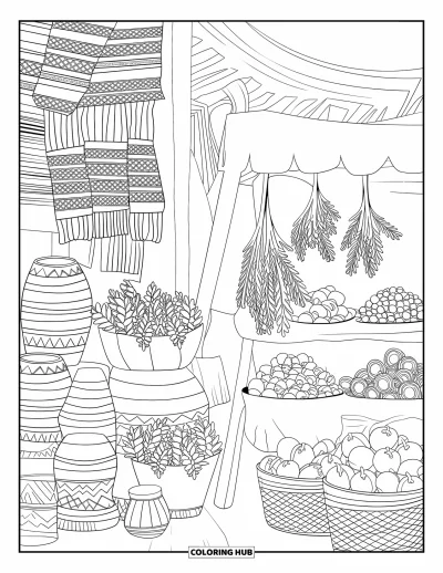 Coloriage du Pérou pour adultes : Des textiles, des herbes et des paniers garnissent une scène de marché andin traditionnel
