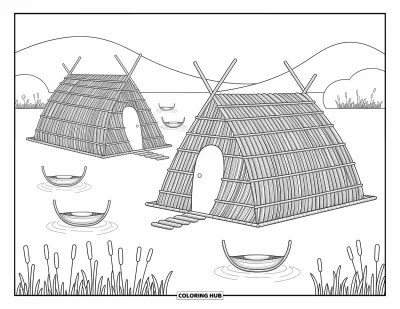 Coloriage du Pérou pour adultes : Des huttes au toit de chaume flottent sur un lac paisible avec des barques et des roseaux à proximité