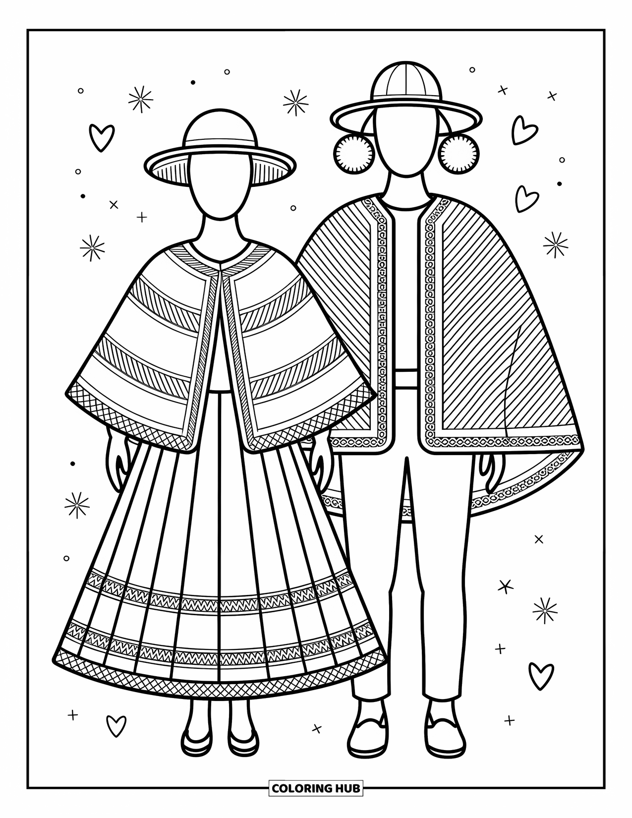 Peru Coloring Page for Adults: Traditional Andean outfits are displayed on two faceless figures with cute textile patterns