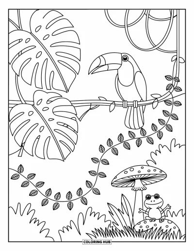 Coloriage du Pérou pour adultes : Des feuilles tropicales encadrent un toucan pendant que des fourmis marchent et qu'une grenouille est posée sur un champignon