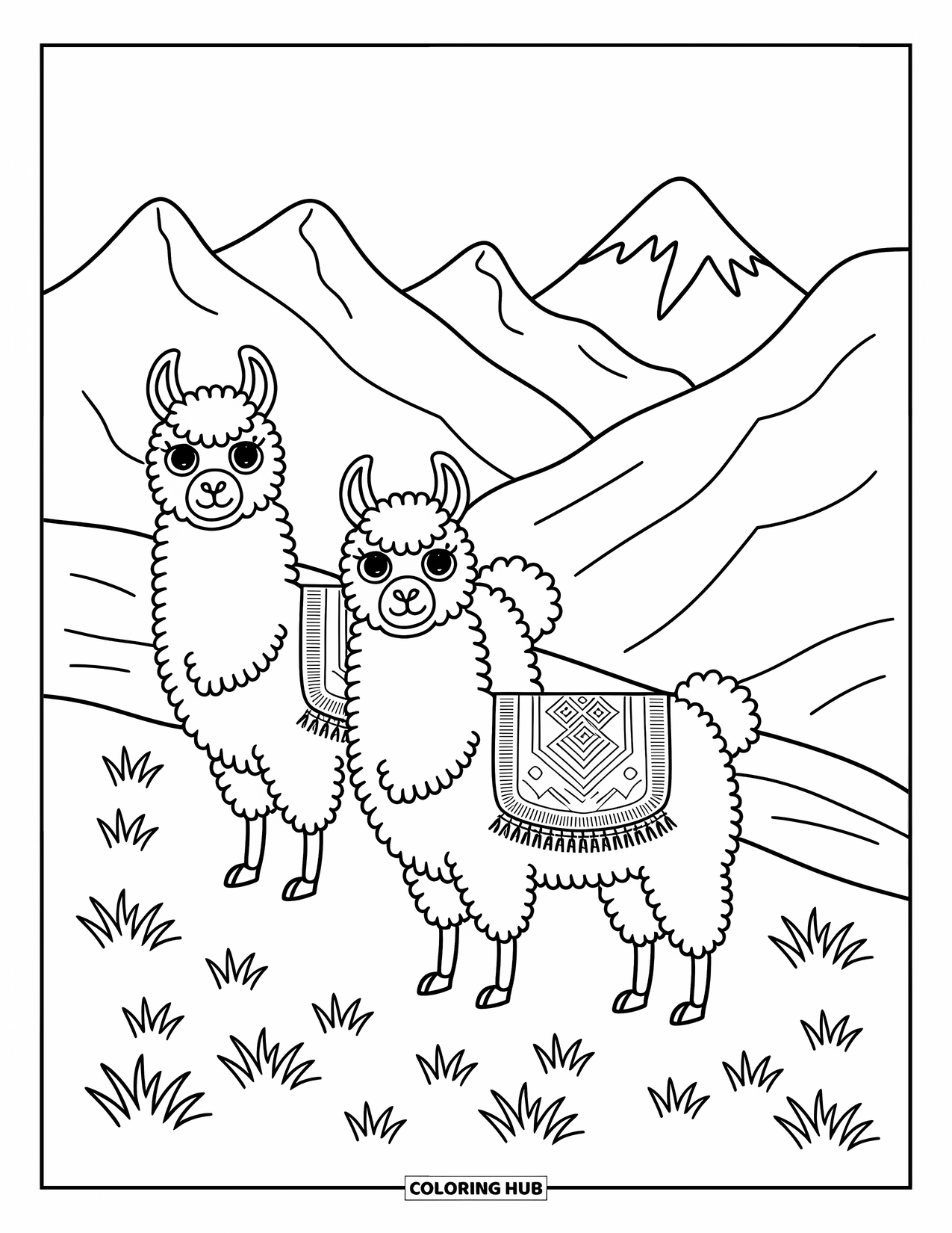 Peru Coloring Page for Adults: Two llamas stand proudly on a mountain slope with wildflowers and soft peaks behind