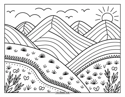 Coloriage du Pérou pour adultes : Des sommets ondulants s'étirent sous des oiseaux et un sentier ensoleillé parsemé de menus détails