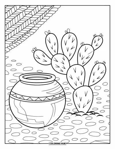 Coloriage du Pérou pour enfants : Un cactus et une poterie à motifs reposent parmi des pierres lisses en plein air