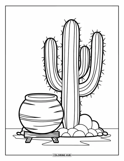 Coloriage du Pérou pour enfants : Un cactus se dresse à côté d'une poterie en argile dans un paysage désertique