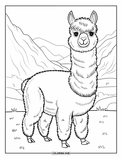 Coloriage du Pérou pour enfants : Un alpaga souriant aux grands yeux broute parmi les montagnes