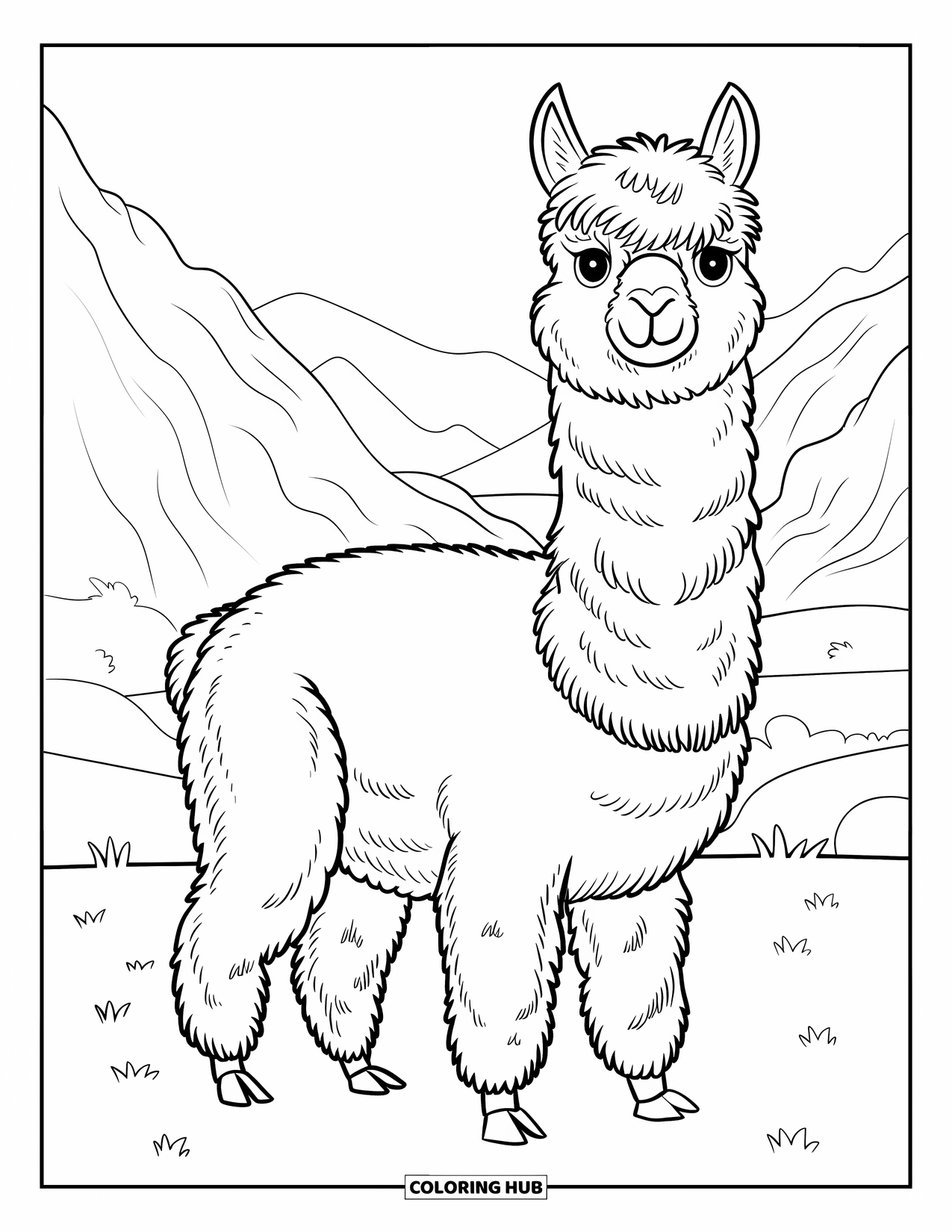 Peru Coloring Page for Kids: A cheerful alpaca with big eyes grazes among mountains