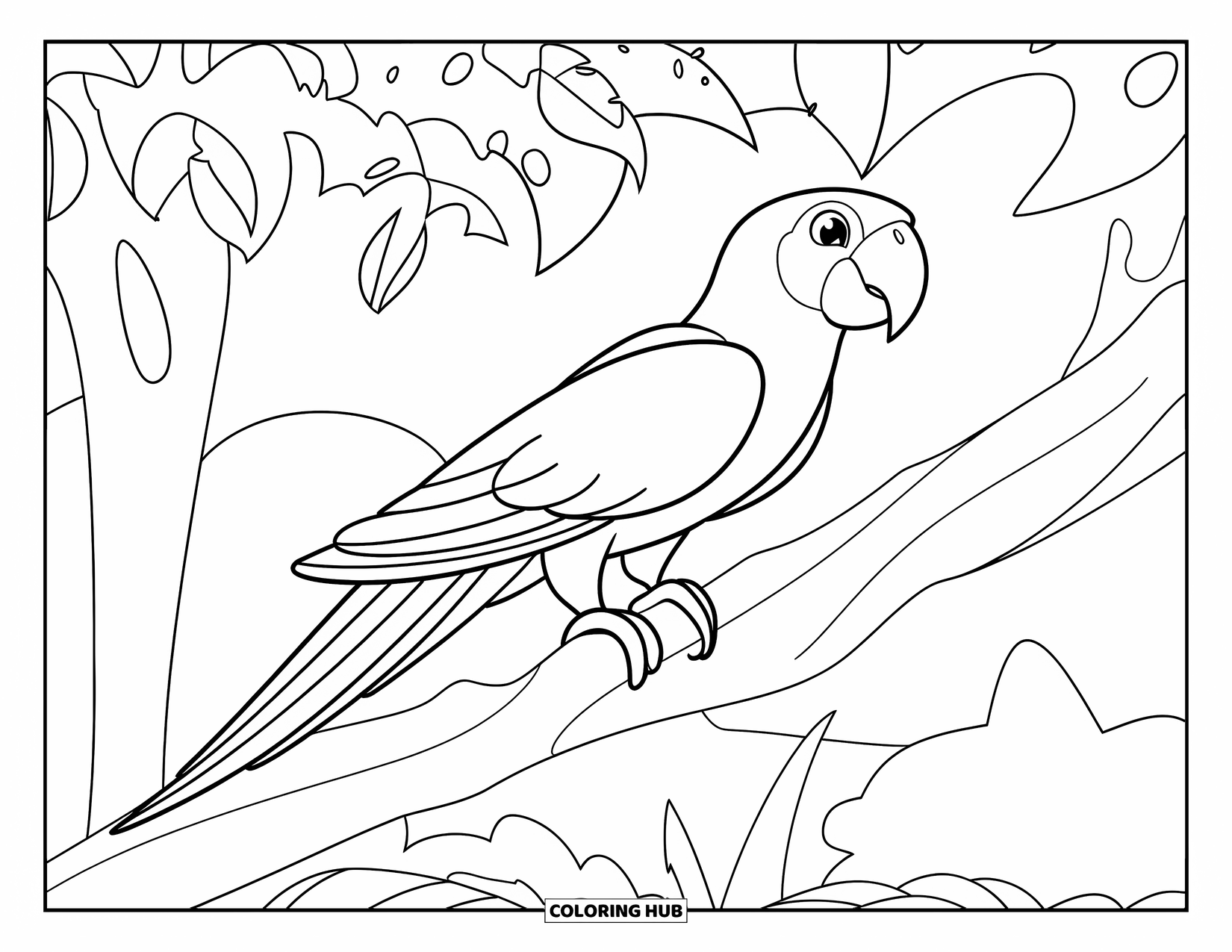 Peru Coloring Page for Kids: A colorful parrot rests on a branch deep in the jungle