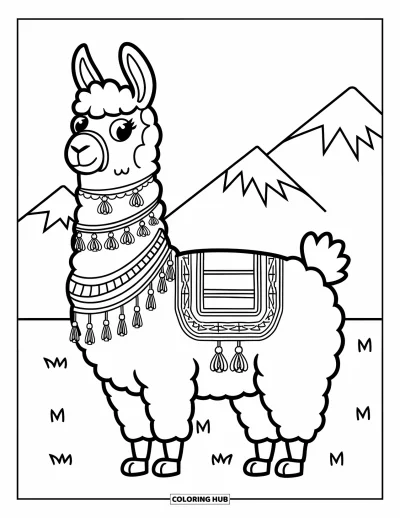 Coloriage du Pérou pour enfants : Un lama orné se tient fièrement dans un champ avec des montagnes derrière lui