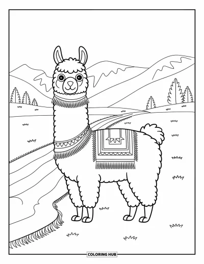 Coloriage du Pérou pour enfants : Un lama décoré attend sur un chemin bordé d'arbres et de collines lointaines