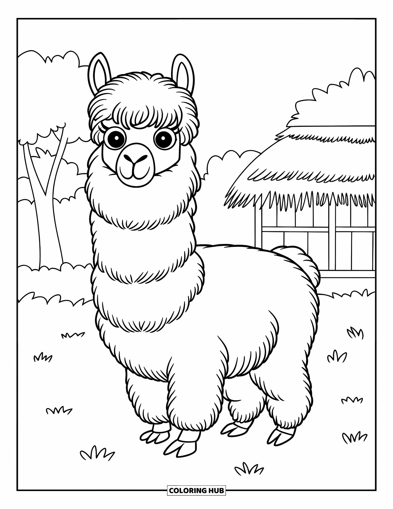 Peru Coloring Page for Kids: A fluffy alpaca smiles near trees and a small thatched house