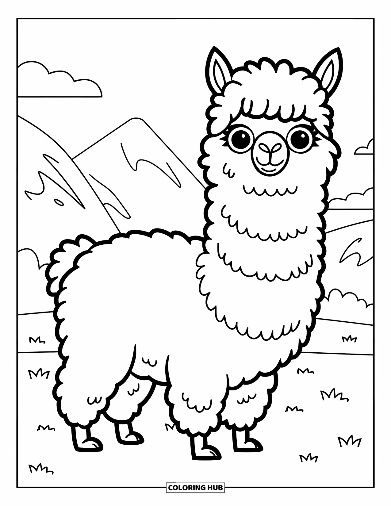 Peru Coloring Page for Kids: A fluffy alpaca with short legs stands in a grassy field
