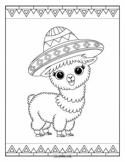 Coloriage du Pérou pour enfants : Un alpaga joyeux porte un chapeau de fête sur un sol à motifs