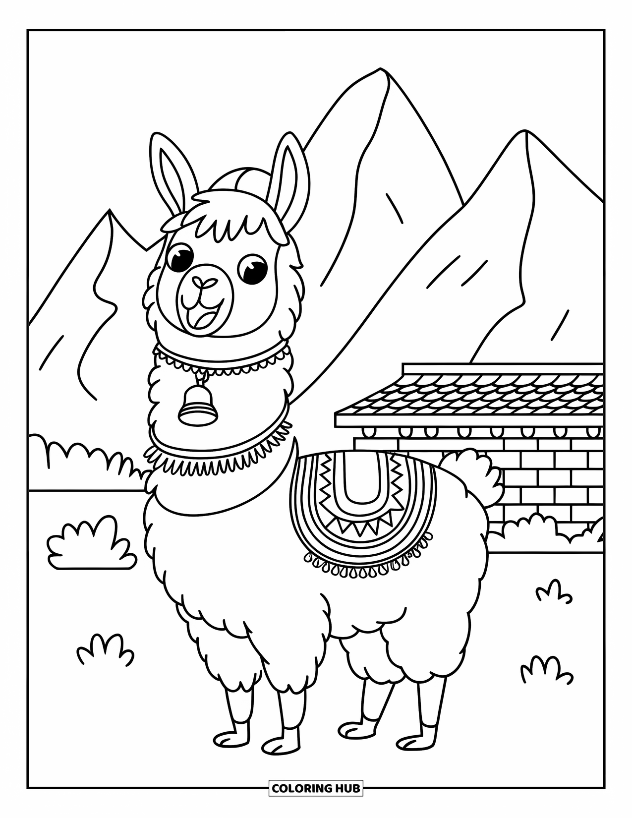 Peru Coloring Page for Kids: A happy llama stands before Andes mountains in a colorful blanket