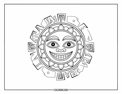 Coloriage du Pérou pour enfants : Un soleil joyeux aux grands yeux brille dans un cercle de mots