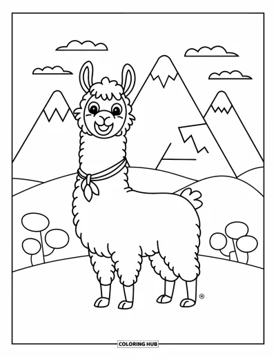 Coloriage du Pérou pour enfants : Un lama sourit largement avec une écharpe rouge sur un fond serein