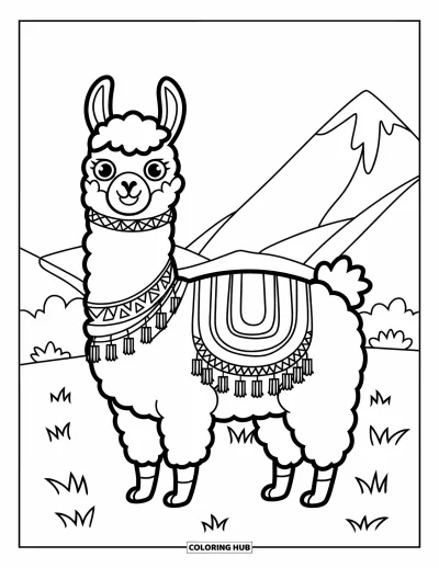 Coloriage du Pérou pour enfants : Un lama portant une couverture à motifs se tient sur un terrain herbeux avec des montagnes en arrière-plan