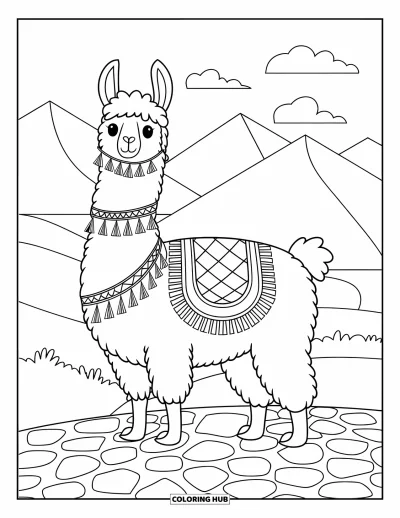 Coloriage du Pérou pour enfants : Un lama avec une couverture tissée chemine sur un sentier de montagne