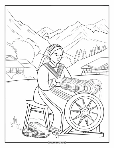 Coloriage du Pérou pour enfants : Une femme péruvienne file la laine dans un village de montagne, vêtue d'un costume traditionnel