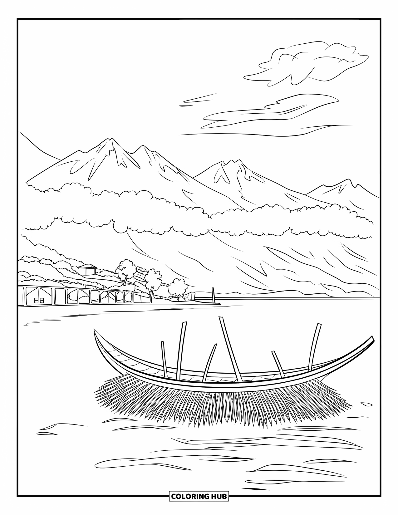 Peru Coloring Page for Kids: A reed boat floats calmly on Lake Titicaca surrounded by Andean peaks and clouds