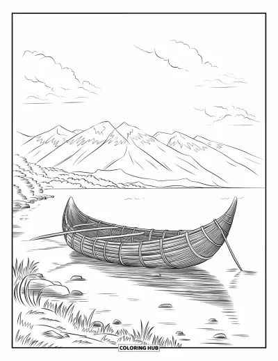 Coloriage du Pérou pour enfants : Un bateau en roseaux repose près du rivage, entouré de rochers et de sommets enneigés