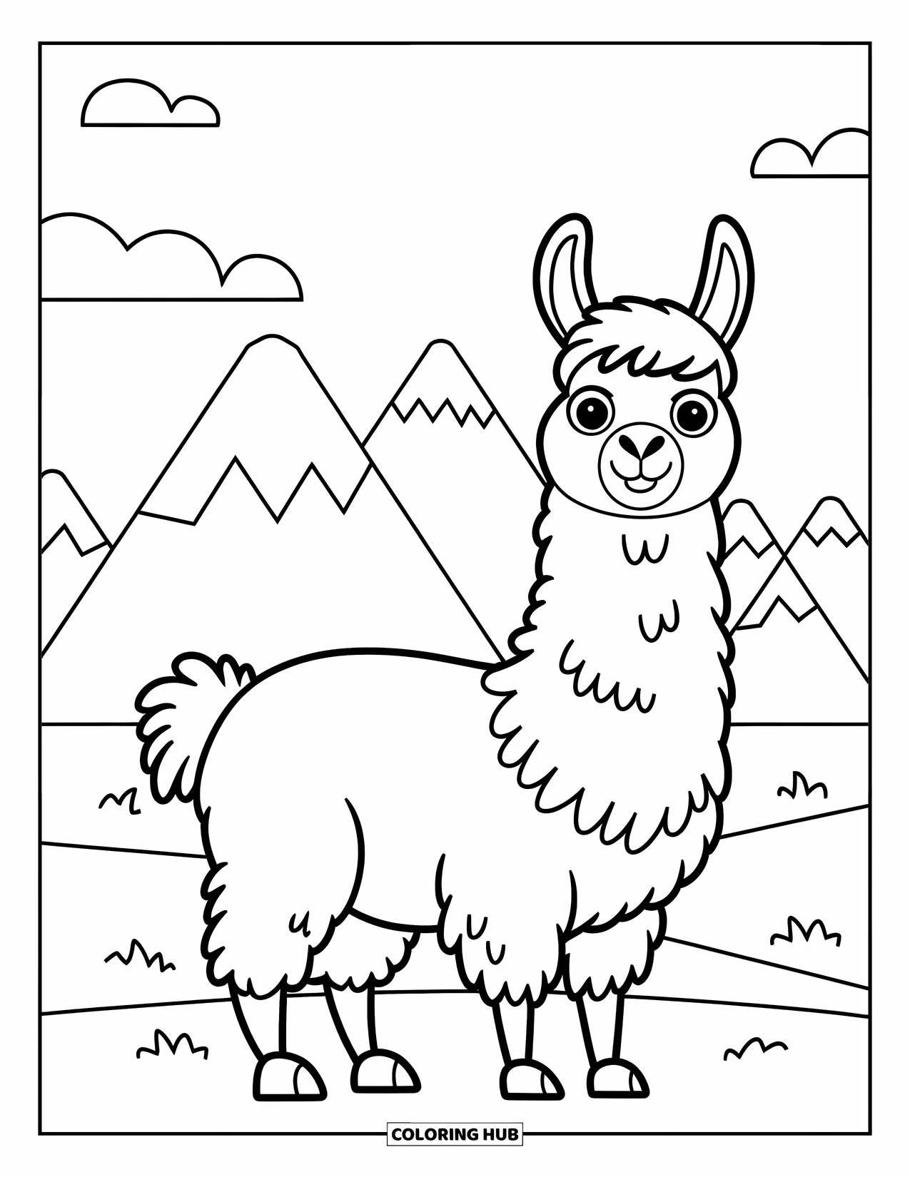 Peru Coloring Page for Kids: A round-bodied llama stands proudly under a clear mountain sky