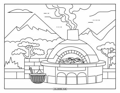Coloriage du Pérou pour enfants : Un four en argile arrondi fume dans les montagnes avec des arbres et un panier de nourriture