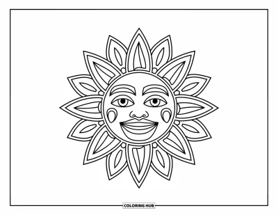 Coloriage du Pérou pour enfants : Un symbole solaire souriant brille avec son charme inca et ses rayons prononcés