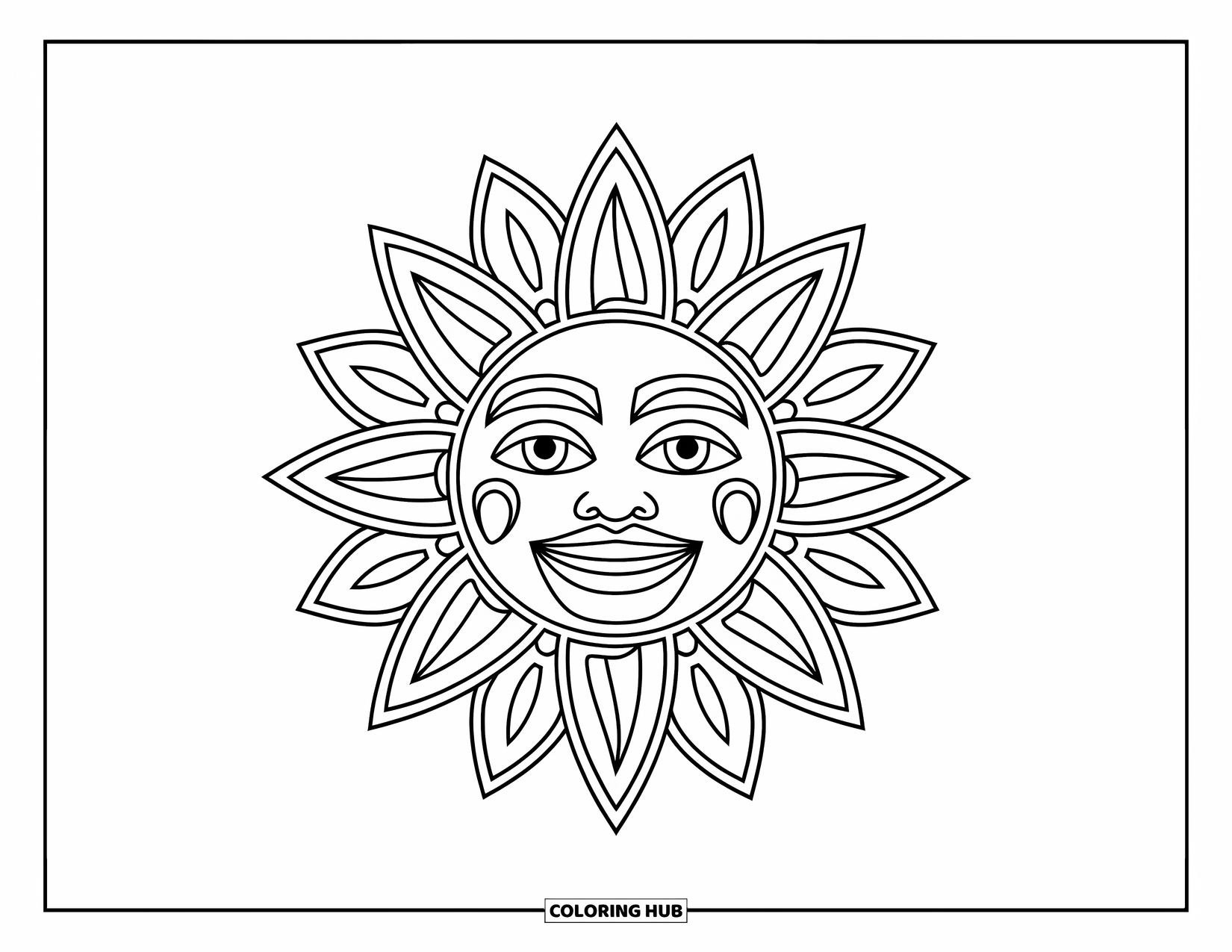 Peru Coloring Page for Kids: A smiling sun symbol shines with Inca charm and bold rays