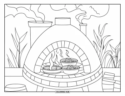 Coloriage du Pérou pour enfants : Un four en argile fumant se trouve à l'extérieur avec des marmites de nourriture et des plantes vertes luxuriantes alentour