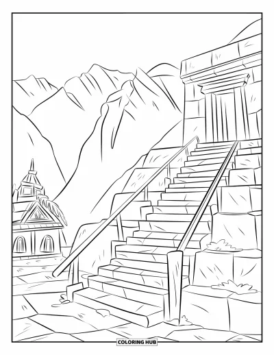 Coloriage du Pérou pour enfants : Un escalier de pierre grimpe vers de petits temples incas dans la montagne