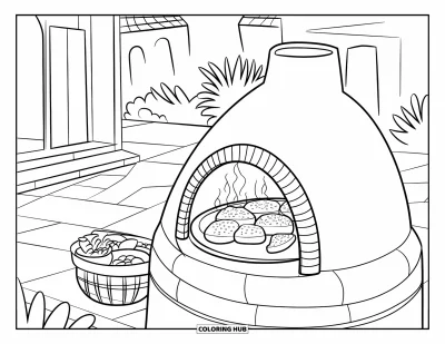 Coloriage du Pérou pour enfants : Un four en argile traditionnel cuit des aliments en plein air, avec de la fumée qui monte dans une cour paisible